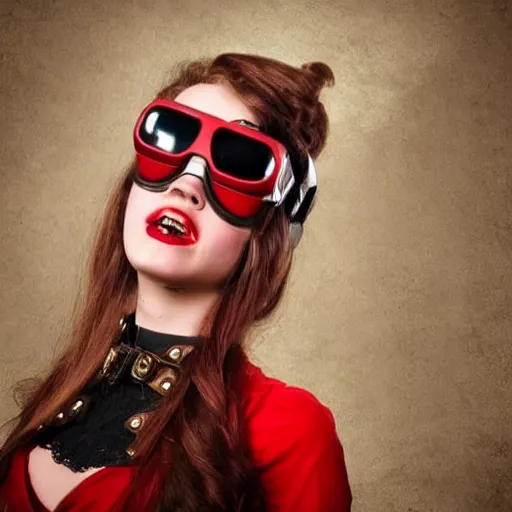 Prompt: beuatiful Steampunk girl wearing red VR glasses