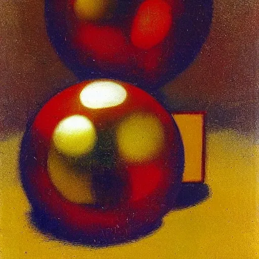 Prompt: chrome spheres on a red cube by odilon redon