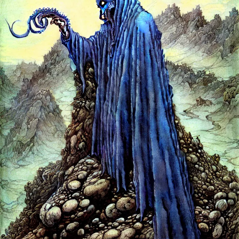 Prompt: A detailed blue-eyed tentacleheaded human stands among the mountains with a pebble in hands. Wearing a ripped mantle, robe and boots. Extremely high details, realistic, fantasy art, solo, masterpiece, art by Zdzisław Beksiński, Arthur Rackham, Dariusz Zawadzki