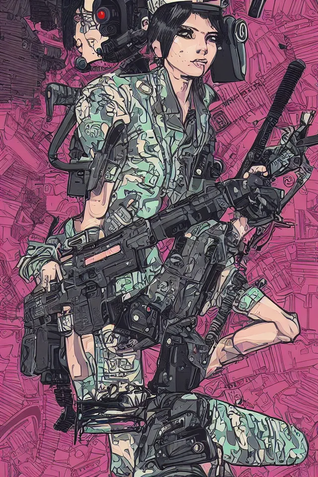 Prompt: very detailed, ilya kuvshinov, mcbess, rutkowski, illustration of a cyberpunk military woman, colorful, cinematic composition, studio lighting