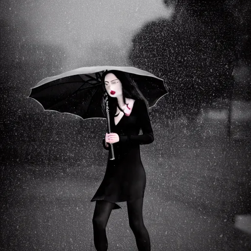 Image similar to morticia addams holding a parasol during a [ humid, rainy day ] as she saunters across the city, closeup!!!, trending on artstation, 4 k photorealism, unsplash contest winner, shot by jimmy nelson