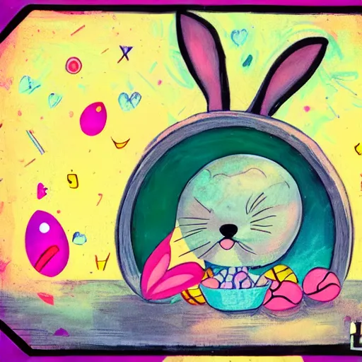 Prompt: A rabbit full of hope, looking for a black hole in an infinite time loop by llia yu Bunny eggs at Easter