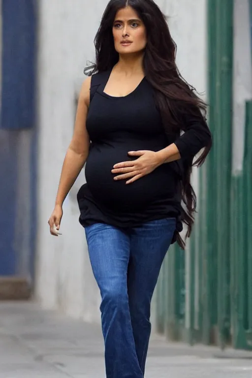 Image similar to salma hayek pregnant walking down the street, portrait realistic photograph, very detailed face