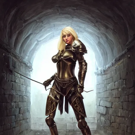 Prompt: a painting of a blonde female wearing knight's armor tied up in a dungeon, full view, popular on artstation, artstationhd, artstationhq 8 k, volumetric lighting, trending on artstation, artstationhd, artstationhq, ultra detailed, detailed face, by artgerm and james gurney, greg rutkowski