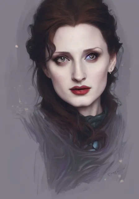 Image similar to sansa angeline jolie gessica chastain victorian vampire teeth, intricate, elegant, highly detailed, digital painting, artstation, concept art, smooth, sharp focus, illustration, art by artgerm and greg rutkowski and alphonse mucha and william - adolphe bouguereau