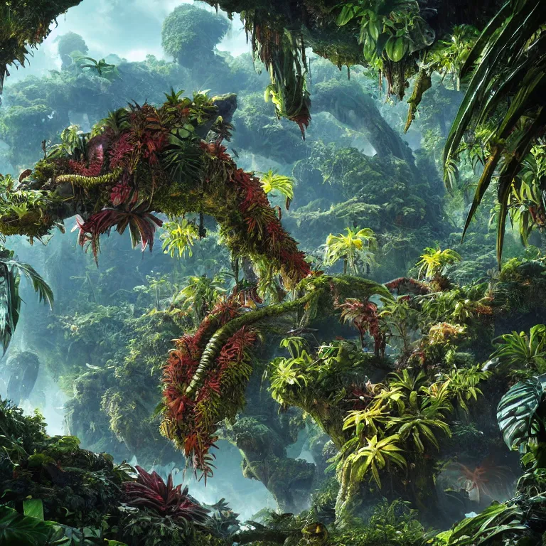 Image similar to octane render by lavinia fontana and naoto hattori and william henry hunt, a vast beautiful luscious alien jungle filled with glowing strange exotic plants and small critters, 8 k, volumetric lighting and shadows, unreal engine, cgsociety