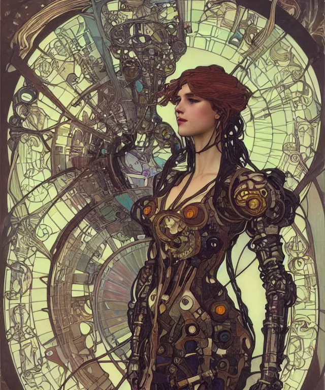 Image similar to realistic detailed portrait of a humanoid mecha cyberpunk! goddess by Alphonse Mucha and Charlie Bowater and art germ, rule of thirds, golden ratio, Art Nouveau! cyberpunk! style, mechanical accents!, mecha plate armor, realistic human arms, flowing wires with leaves, art nouveau accents, art nouveau patterns and geometry, rich deep moody colors