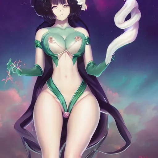 Image similar to cthulhu humanisation as a cute anime girl : : pinup postcard : : by rossdraws, wlop, boris vallejo, gil elvgren, enoch bolles, sleek curves, pixiv award winning, epic light, accurate detailed face, symmetry balance