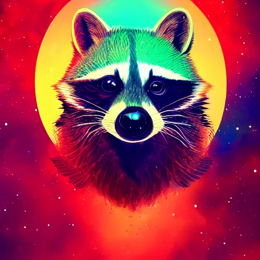 Image similar to portrait from a raccoon, feathers, bird, avian, wings, synthwave, universe background, nebula, galaxy, artstation