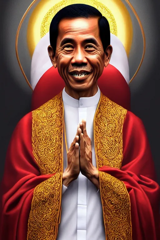 Prompt: jokowi indonesian president as saint!!, intricate, elegant, highly detailed, digital painting, artstation, concept art, smooth, sharp focus, illustration, art by ortner and mike dargas and marco grassi, 8 k