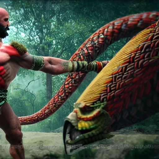 Prompt: kratos fighting quetzalcoatl, 4 k cinematic render