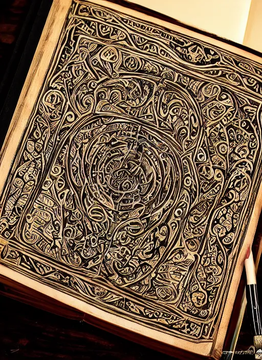 Image similar to an ancient ornate intricate old tome spell book with the sigil symbol of an eye emblazoned on the cover, cinematic, realistic, intricate detail, finely detailed, small details, extra detail, photorealistic, high resolution, 3D, PBR, path tracing, volumetric lighting, octane render, arnold render, 8k