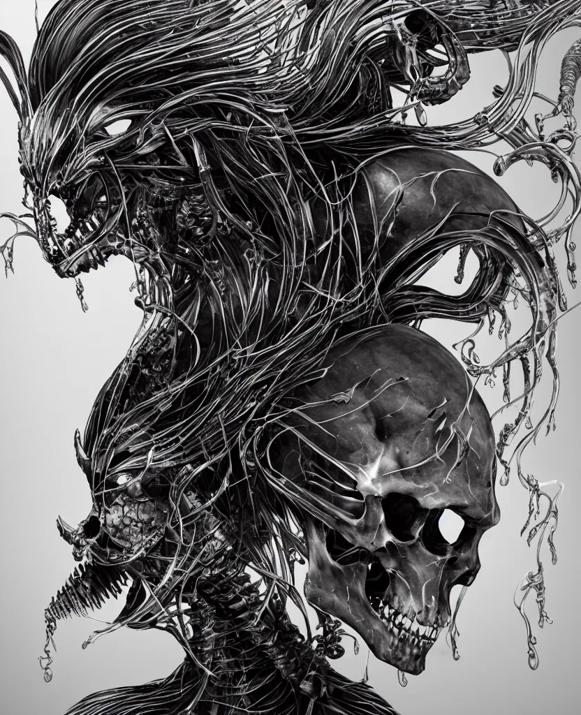 Image similar to close-up macro portrait of the face of a beautiful princess with animal skull mask, epic angle and pose, ribcage skeleton symmetrical artwork, 3d with depth of field, blurred background, cybernetic jellyfish female face skull phoenix bird, translucent, nautilus, energy flows of water and fire. a highly detailed epic cinematic concept art CG render. made in Maya, Blender and Photoshop, octane render, excellent composition, cinematic dystopian brutalist atmosphere, dynamic dramatic cinematic lighting, aesthetic, very inspirational, arthouse. y Greg Rutkowski, Ilya Kuvshinov, WLOP, Stanley Artgerm Lau, Ruan Jia and Fenghua Zhong