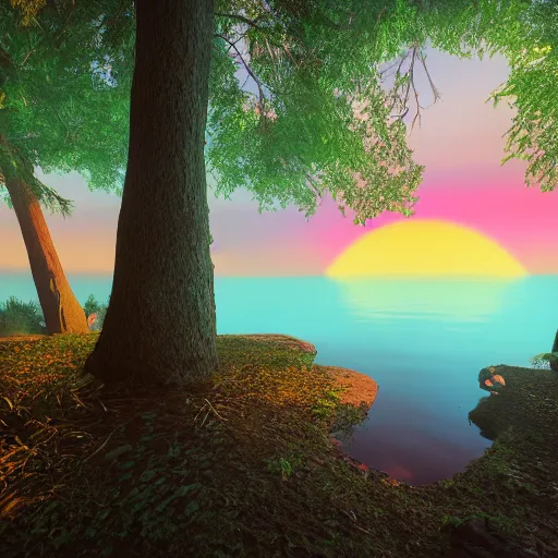 Image similar to the sun is setting over a lake surrounded by trees. a matte painting 3d octane render by Beeple, unsplash, digital art, synthwave, outrun, retrowave, rainbow, pastel colors