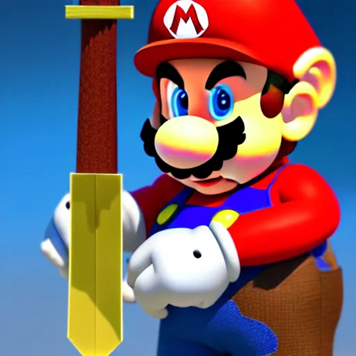 Image similar to super mario holding a sword and shield, highly detailed, extremely high quality, hd, 4 k, 8 k, canon 3 0 0 mm, professional photographer, 4 0 mp, lifelike, top - rated, award winning, realistic, detailed lighting, detailed shadows, sharp, no blur, edited, corrected, trending