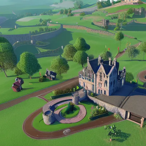 Image similar to a beautiful landscape with a couple of castles in a couple of farms next to the castle interact with the lighting super duper hyper - realistic