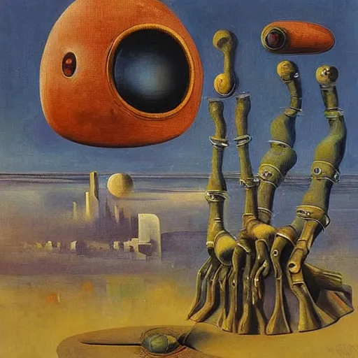 Prompt: An oil painting of a strange alien creature by Max Ernst and Giorgio de Chirico, Trending on artstation