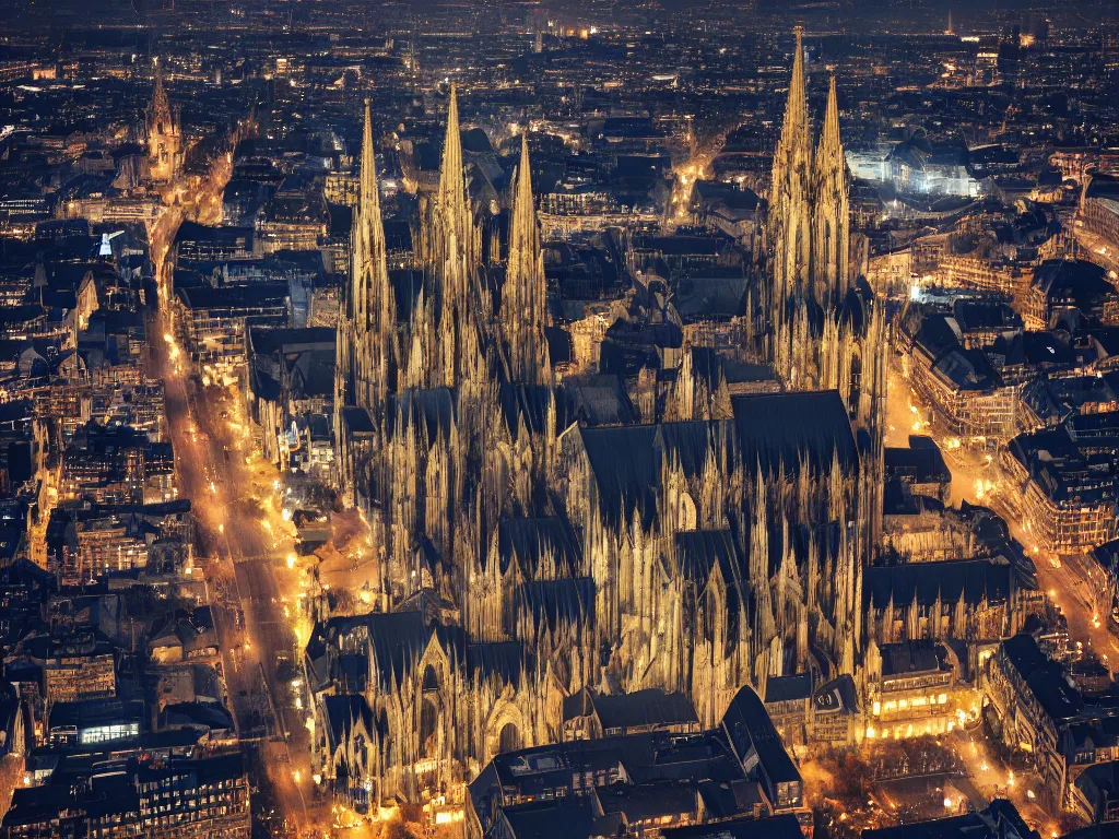 Image similar to cologne cathedral sourrounded by city, birds eye view, night, landscape, sky, volumetric lighting, 8 k octane beautifully detailed render, post - processing, extremely hyper - detailed, intricate, epic composition, intricate, trending on artstation, stunning art by frazetta, wonderful masterpiece by karine villette