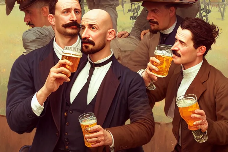 Image similar to portrait painting of wright brothers drinking beer together, ultra realistic, concept art, intricate details, serious, highly detailed, photorealistic, octane render, 8 k, unreal engine. art by artgerm and greg rutkowski and alphonse mucha