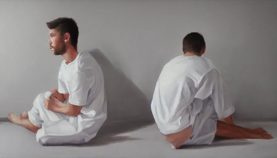 Prompt: a lonely young man in white clothes sits in a clean white empty apartment and stares into the distance, photorealistic painting, greg rutowski