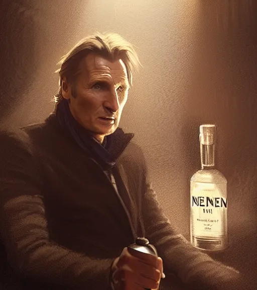 Image similar to liam neeson inside a gin bottle. magical atmosphere. art by greg rutkowski. lifelike. very detailed 8 k. intricate. soft light. nikon d 8 5 0.