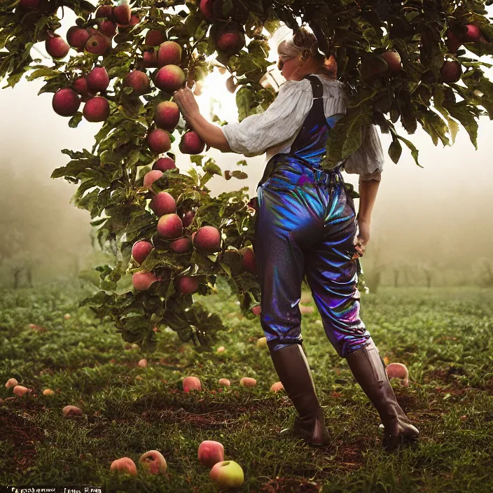 Prompt: a closeup portrait of a woman wearing a muddy iridescent holographic lederhosen, picking apples from a tree in an orchard, foggy, moody, photograph, by vincent desiderio, canon eos c 3 0 0, ƒ 1. 8, 3 5 mm, 8 k, medium - format print