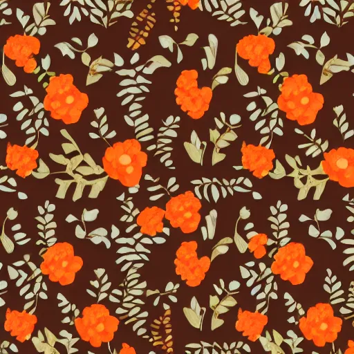 Prompt: repeating fabric pattern, minimalistic, miniature tiny orange and peach color flowers, brown vines and leaves