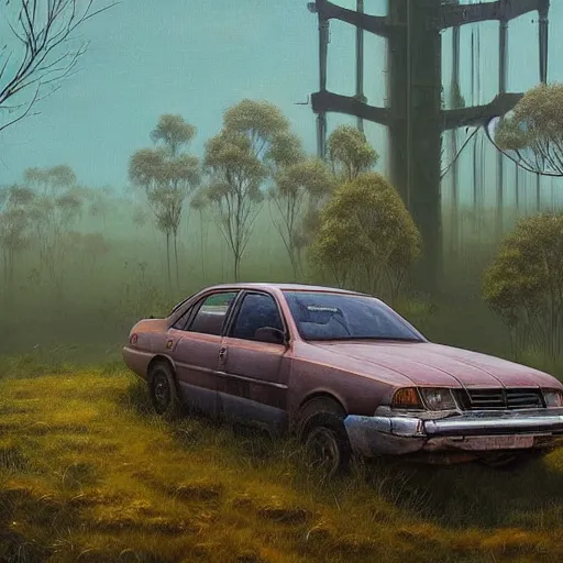 Image similar to hyper realistic painting of an australian landscape, an abandoned holden commodore covered with moss. by Simon Stålenhag