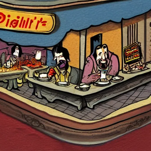 Image similar to terry gilliam style cartoon of nighthawks at the diner