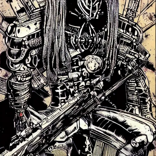 Image similar to danny trejo as a cyberpunk executioner, hyperdetailed, art by philippe druillet