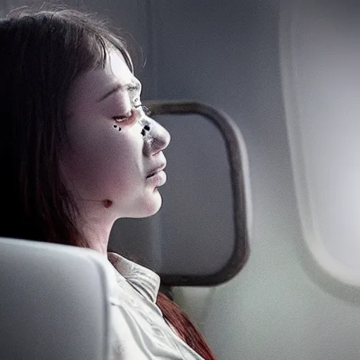 Image similar to horror movie poster of crying story on plane, realistic