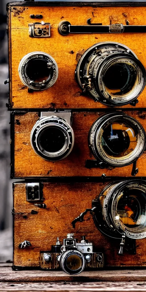 Image similar to A photo of a very old opened device with vacuum tubes, film, capacitors and coils inside, and a camera lens on the outside on an old wooden table by Wes Anderson, grungy, weathered Ultra detailed, hyper realistic, 4k