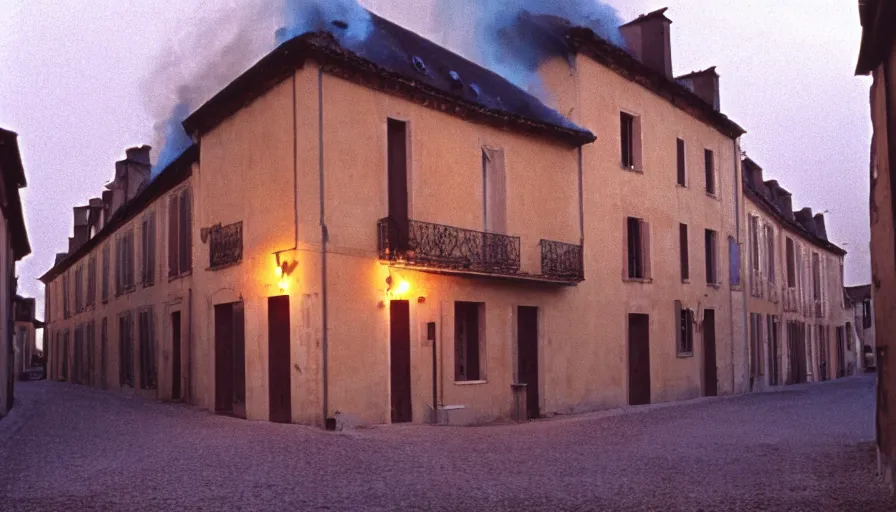 Image similar to 1 9 7 0 s movie still of a burning french style townhouse in a small french village by night, cinestill 8 0 0 t 3 5 mm, heavy grain, high quality, high detail, dramatic light, anamorphic, flares