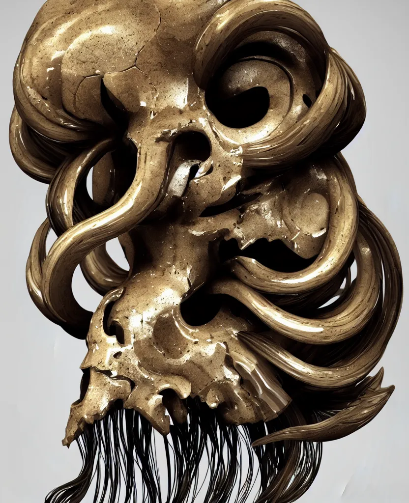 Prompt: goddess princess face close-up portrait ram skull. sculpture made of polished gold and matte obsidian. jellyfish phoenix head, nautilus, orchid, skull, betta fish, bioluminiscent creatures, intricate artwork by Tooth Wu and wlop and beeple. octane render, trending on artstation, greg rutkowski very coherent symmetrical artwork. cinematic, hyper realism, high detail, octane render, 8k