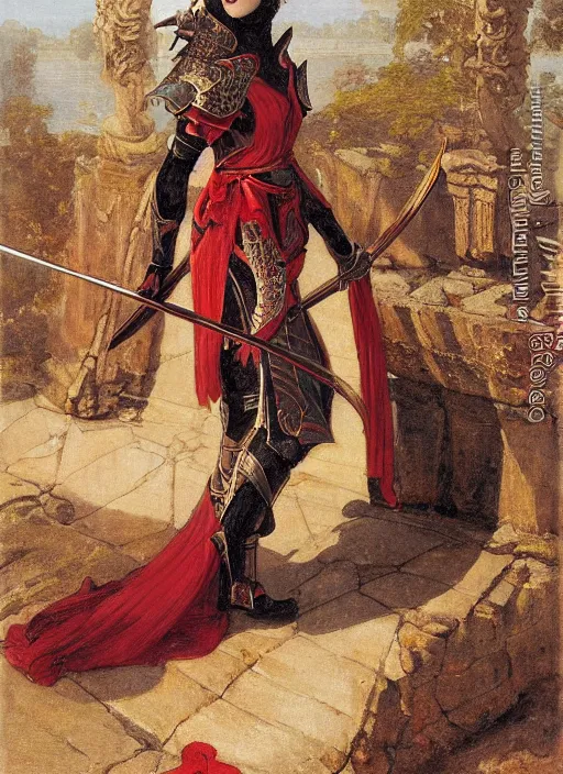 Image similar to woman in dark and red princess dragon armor, she is holding a katana sword, walking on an ancient bridge next toa waterway. by william henry hunt