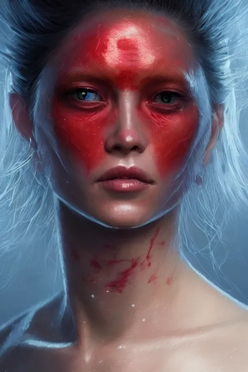 Image similar to a fancy portrait of an attractive alien women with red skin by Greg Rutkowski, Sung Choi, Mitchell Mohrhauser, Maciej Kuciara, Johnson Ting, Maxim Verehin, Peter Konig, final fantasy , 8k photorealistic, cinematic lighting, HD, high details, atmospheric , trending on artstation