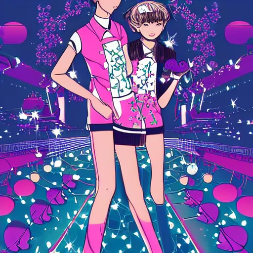 Image similar to ai yazawa cover illustration of very symmetrical portrait of teens in fruits magazine steetwear illustration of cute cool fashion worn in the far future with glowing led lights and plants, futuristic!!! haute couture fashion!!!!, nanotechnology and cybernetics!!! and solar power and prosthetic, detailed elegant manga illustration intaglio