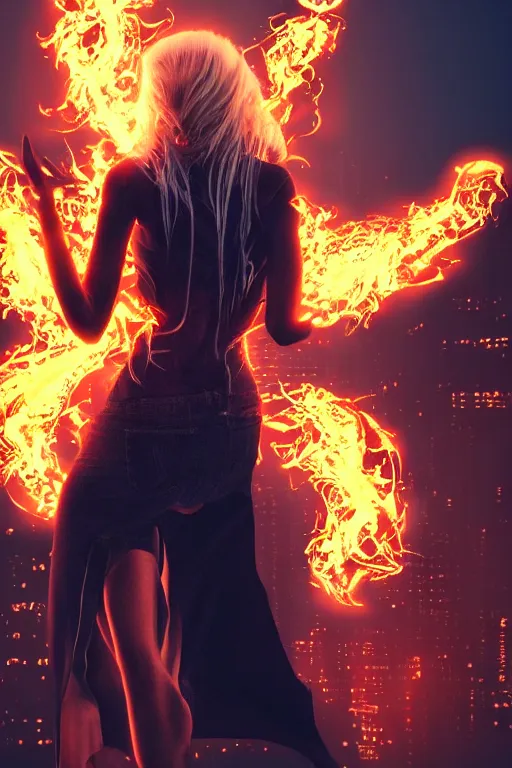 Image similar to young blonde woman from behind with flames dancing on her hands with a long jacket in a cyberpunk city, realistic, high definition, 4K, shimmering color, epic digital art