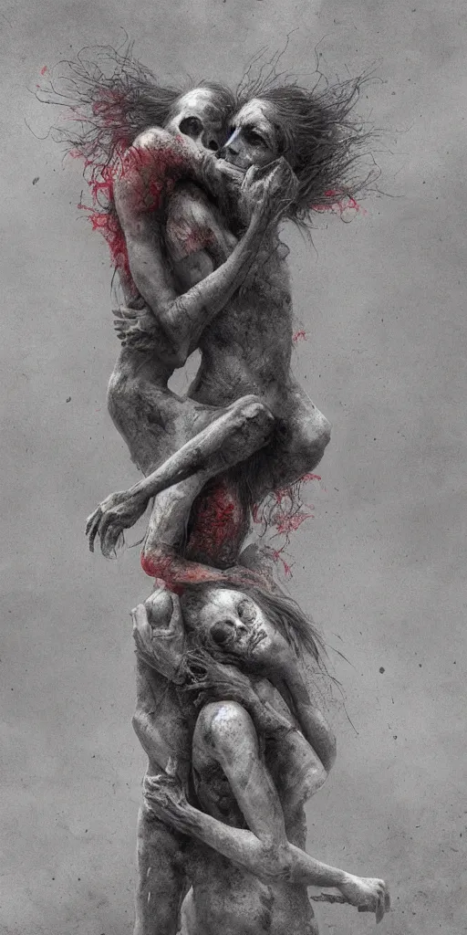 Prompt: death child and women hugging, in the style of keith thompson and zdzislaw beksinski, artstation hd, 8 k, surrealistic digital artwork, post apocalyptic street, new york, psychedelic