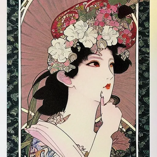 Image similar to beautiful drawaing in style of Mucha, Yasunari Ikenaga, Yamato, Macross, made by burning lava