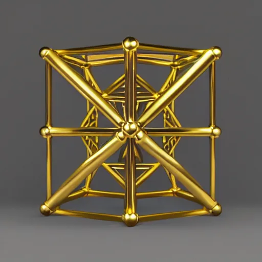 Prompt: 3D render of a 4D tesseract. chrome and brass