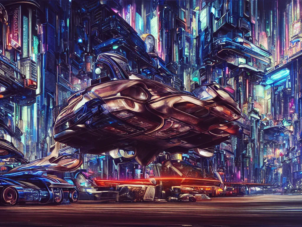 Prompt: hyperrealistic painting of a slice of life from a futuristic city, mechanical designs, futuristic vehicles, technological, night, cyberpunk scene, detailed engineering, vivid color, elegant, meticulous, cinematic, cyberpunk style, highly detailed, realism, intricate, acrylic on canvas, 8 k resolution, concept art, by noriyoshi ohrai, gustave moreau, moebius