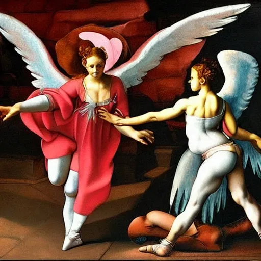 Prompt: a stunning oil painting of an angel ballerina facing off against a demon ballerina in an epic battle by michelangelo