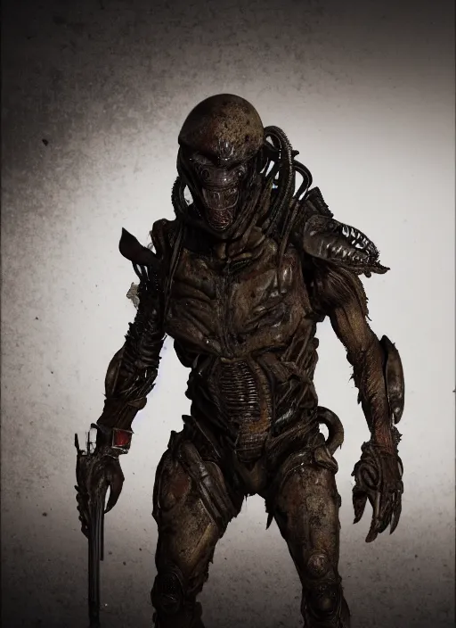 Image similar to a photorealistic dramatic hyperrealistic render of predator the alien hunter, ultra realistic details, well worn, rust, oil stains designed by vitaly bulgarov and mike nash, beautiful dramatic dark moody tones and lighting, cinematic atmosphere, studio lighting, global illumination, shadows, dark background, octane render, 8 k