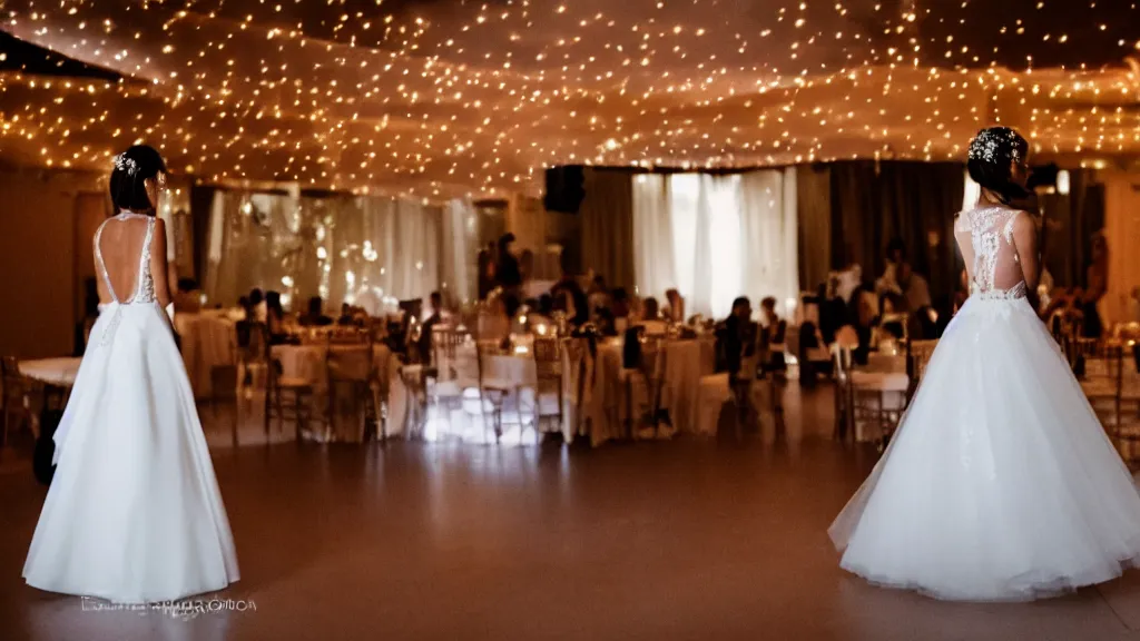 Prompt: a back view of a bride in a wedding dress looking at a dancing stage with bokeh light effect in the background