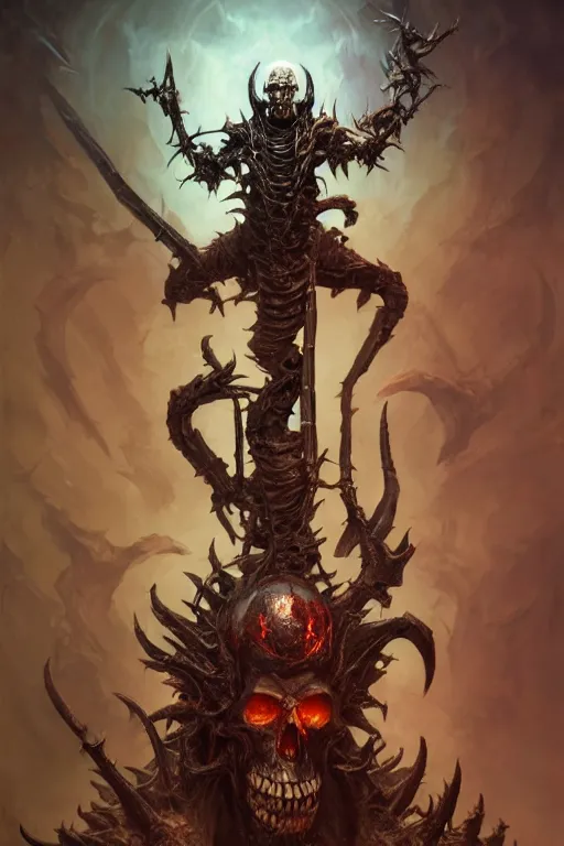 Image similar to death lord stand on skulls, highly detailed, d & d, fantasy, highly detailed, digital painting, trending on artstation, concept art, sharp focus, illustration, global illumination, ray tracing, realistic shaded, art by artgerm and greg rutkowski and fuji choko and viktoria gavrilenko and hoang lap,