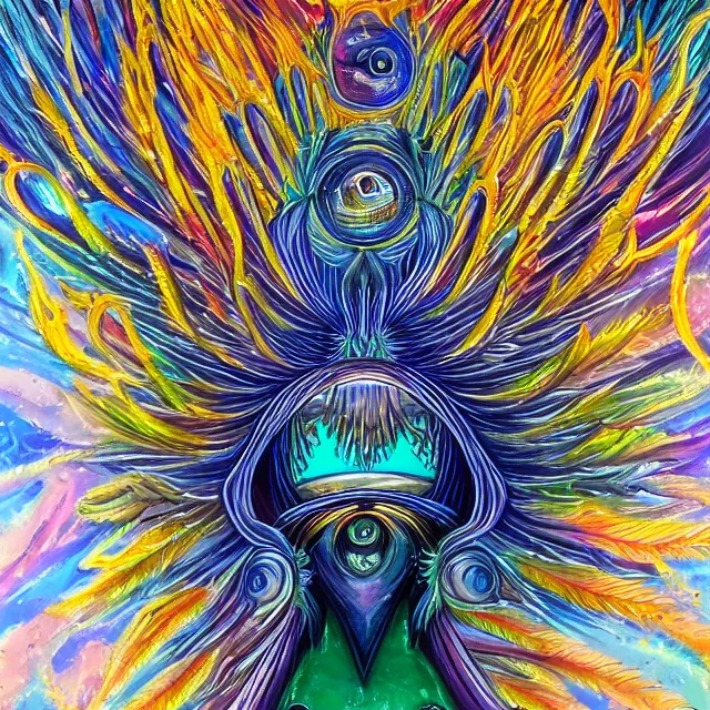 Image similar to angelic ophanim Lovecraftian celestial covered in eyes feathers and wings, oil painting award winning, chromatic aberration sharp colors, symmetrical geometry sublime angel be not afraid