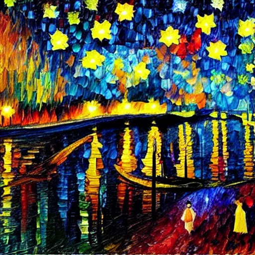 Image similar to starry night painting in the style of leonid afremov and georges seurat