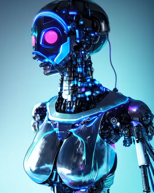 Image similar to photo of soulful female as a cyberpunk mecha humanoid robotic head and face parts with straight bright led lights, small light emitting cables, sweaty skin dripping down face, ultra - realistic and detailed, long exposure 8 k