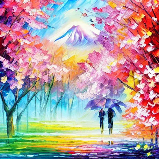 Image similar to beautiful leonid afremov highly detailed pastel watercolor painting of cherry blossoms in spring with mount fuji in the background. pastel colors, featured in art magazine